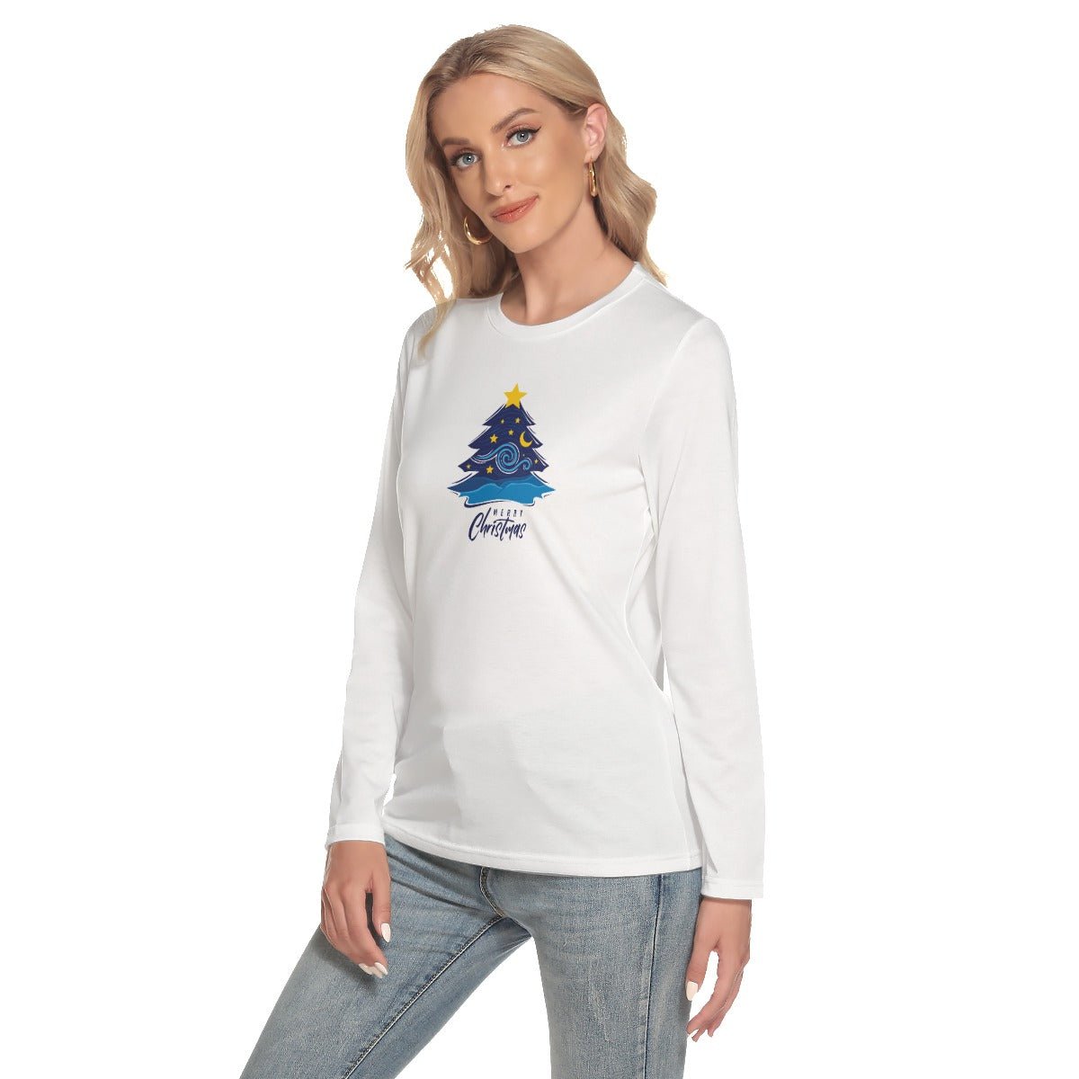 Women's Long Sleeve Christmas T-shirt - Merry Christmas - Blue Tree - Festive Style