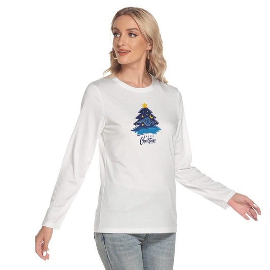 Women's Long Sleeve Christmas T-shirt - Merry Christmas - Blue Tree - Festive Style