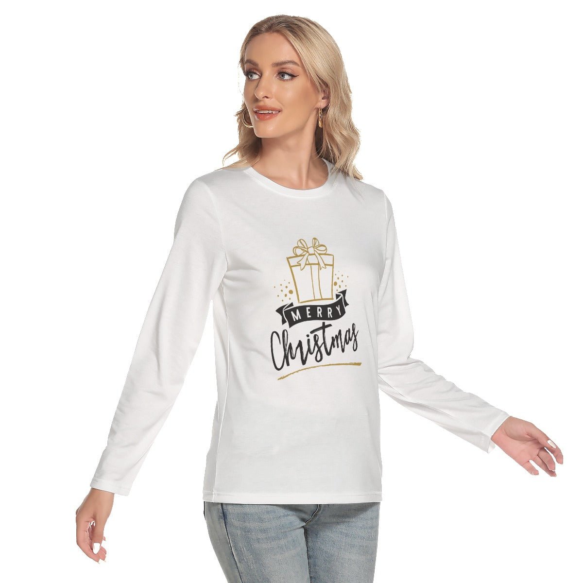 Women's Long Sleeve Christmas T-shirt - Merry Christmas - Gold Present - Festive Style