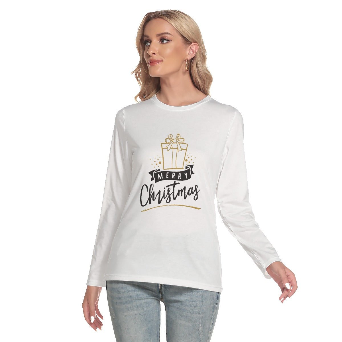 Women's Long Sleeve Christmas T-shirt - Merry Christmas - Gold Present - Festive Style