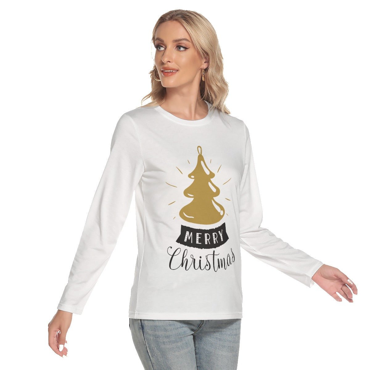 Women's Long Sleeve Christmas T-shirt - Merry Christmas - Gold Tree - Festive Style