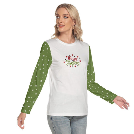 Women's Long Sleeve Christmas T-shirt - Merry Christmas - Green Sleeves - Festive Style