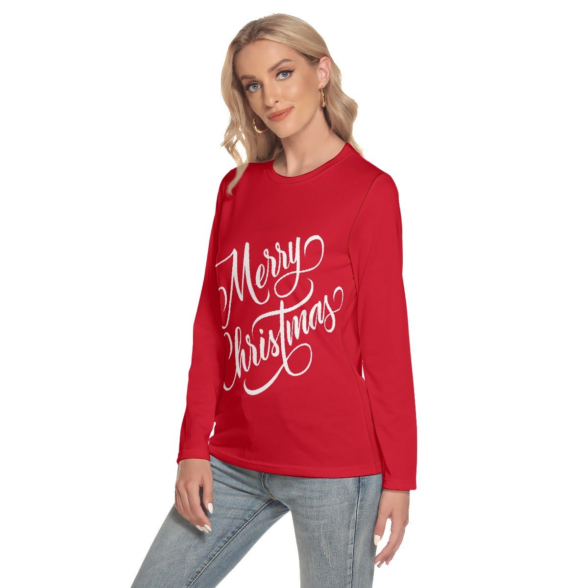 Women's Long Sleeve Christmas T-shirt - Merry Christmas - Red - Festive Style