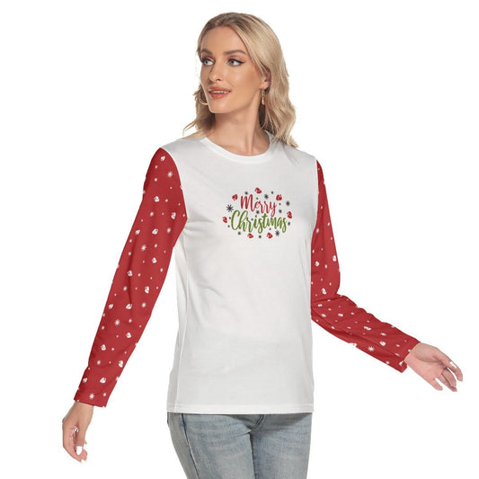 Women's Long Sleeve Christmas T-shirt - Merry Christmas - Red Sleeves - Festive Style