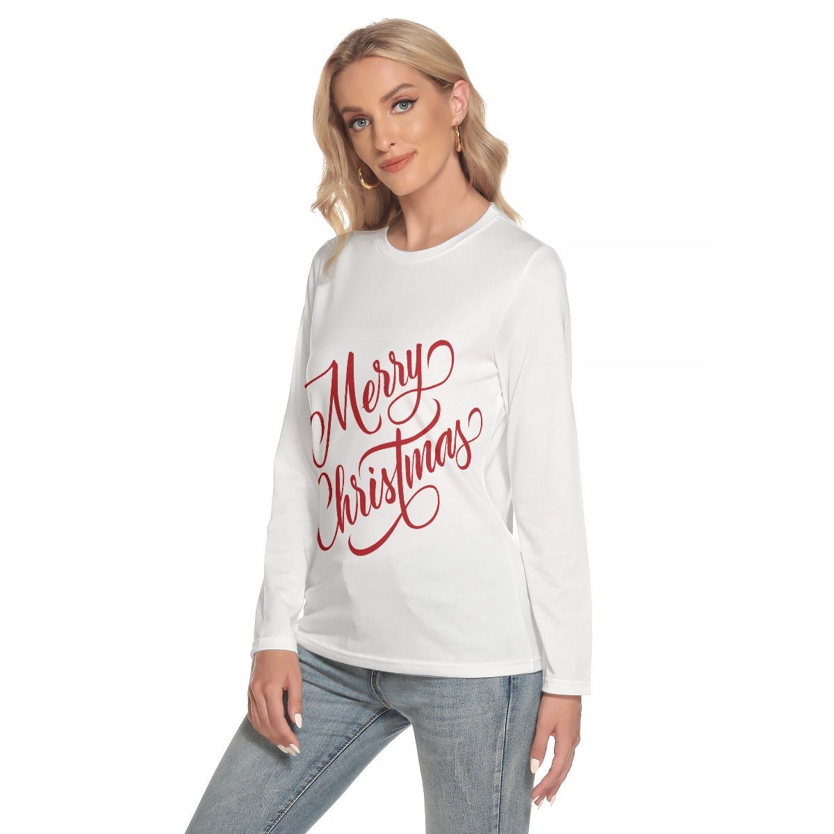 Women's Long Sleeve Christmas T-shirt - Merry Christmas - White - Festive Style