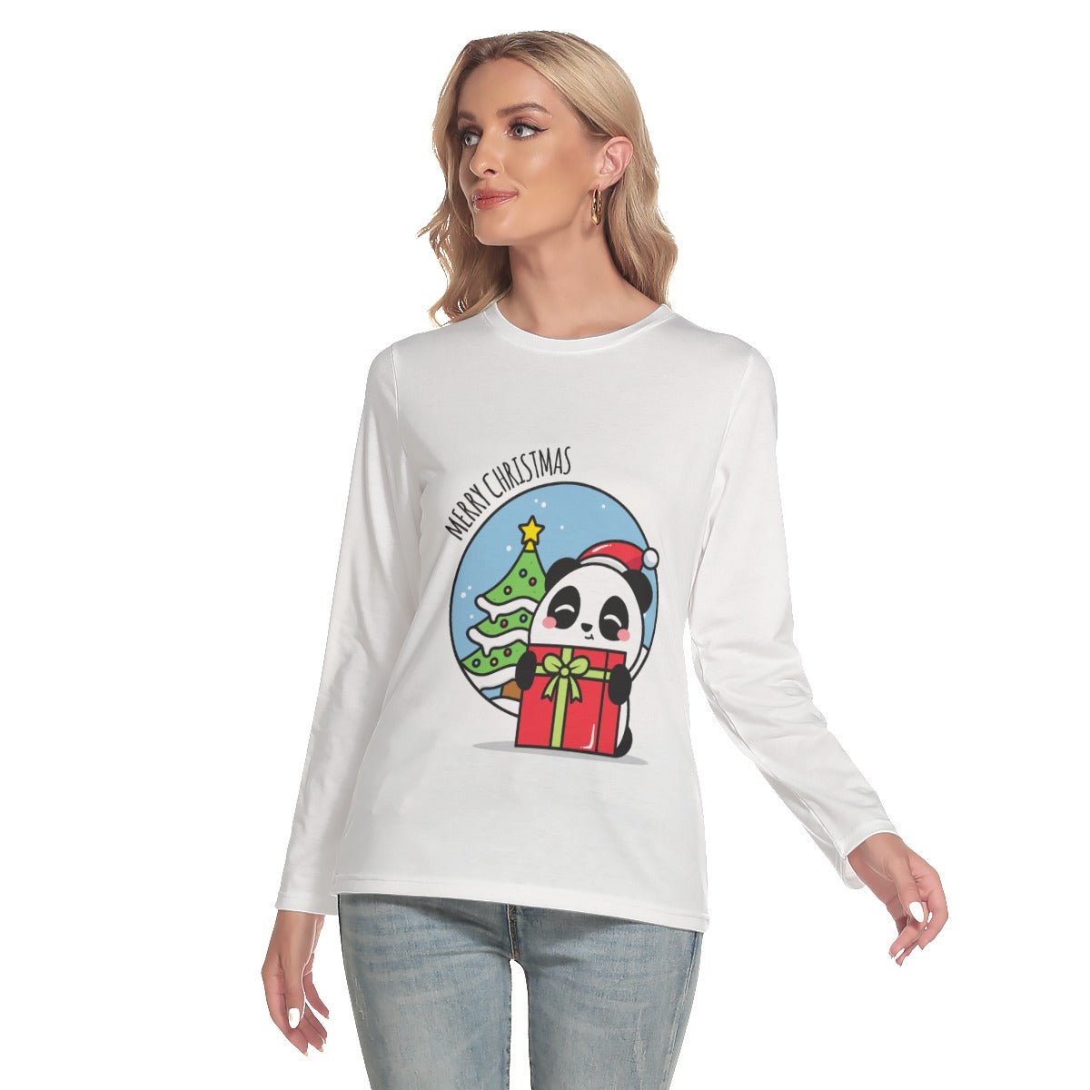 Women's Long Sleeve Christmas T-shirt - Merry Panda - Festive Style