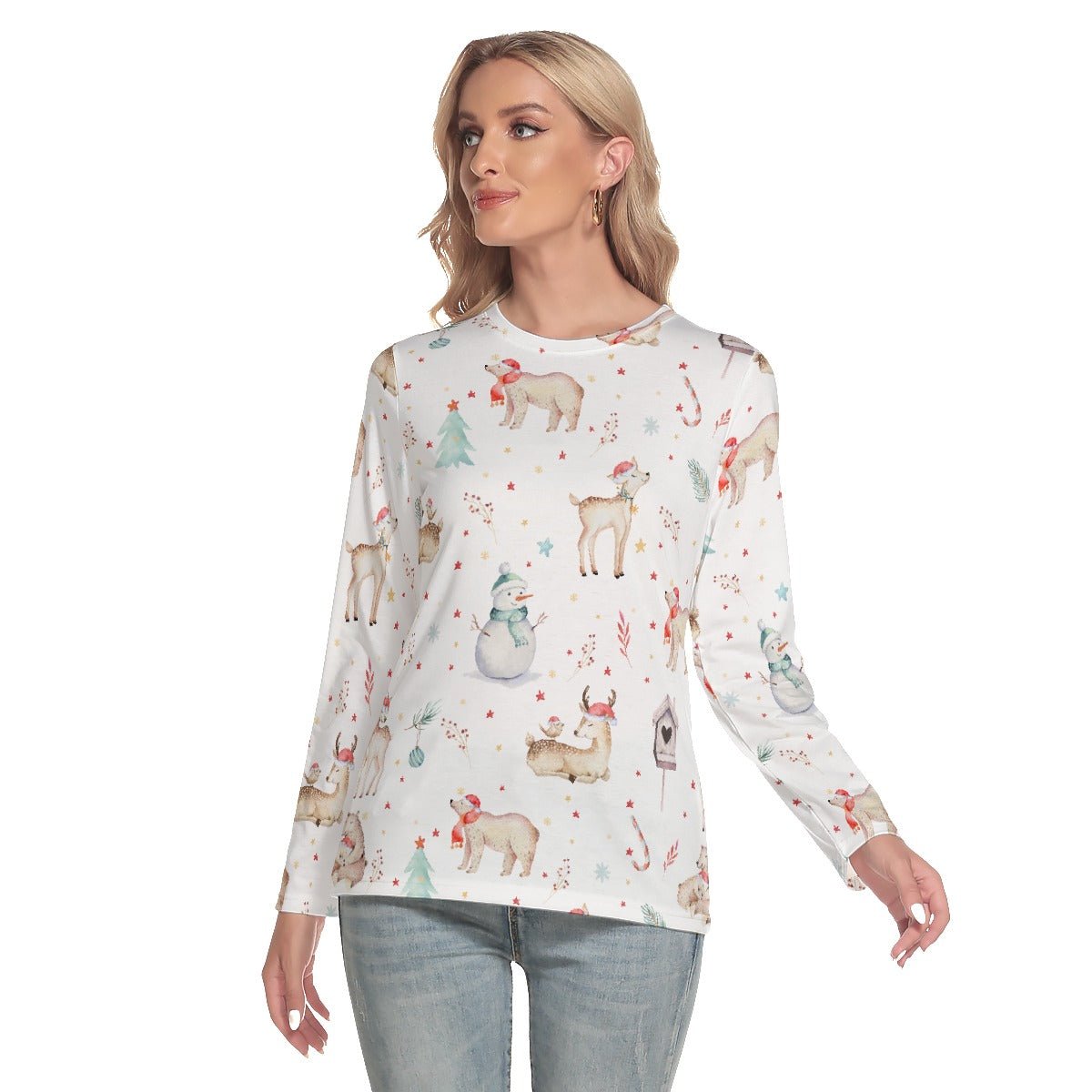 Women's Long Sleeve Christmas T-shirt - Natural Pattern - Festive Style