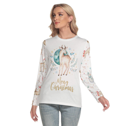 Women's Long Sleeve Christmas T-shirt - Natural Reindeer - Festive Style