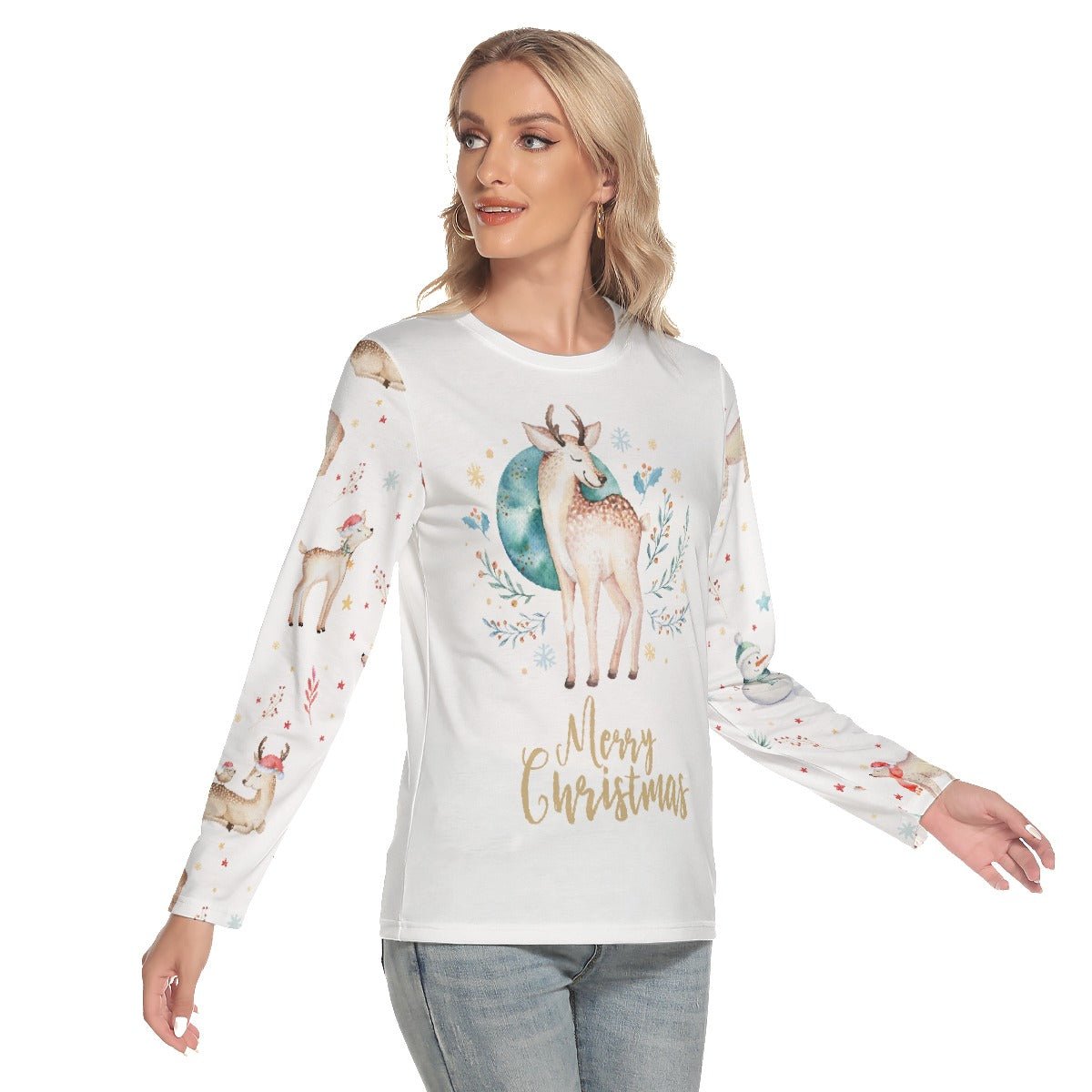 Women's Long Sleeve Christmas T-shirt - Natural Reindeer - Festive Style