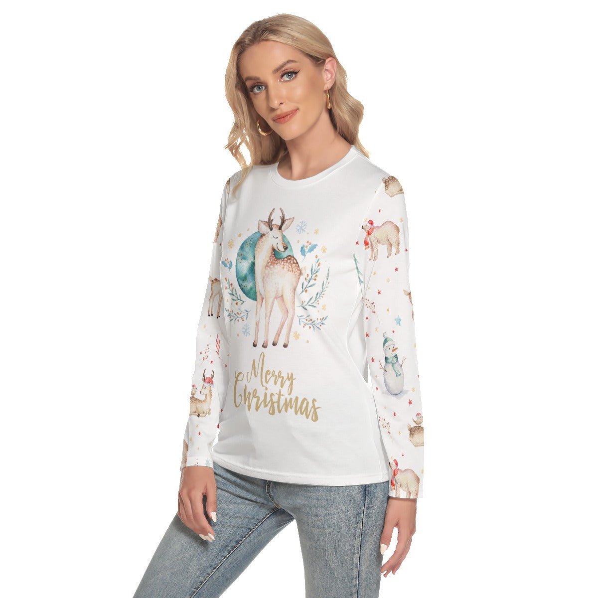 Women's Long Sleeve Christmas T-shirt - Natural Reindeer - Festive Style