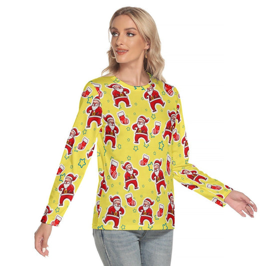 Women's Long Sleeve Christmas T-shirt - Santa and Stars - Festive Style