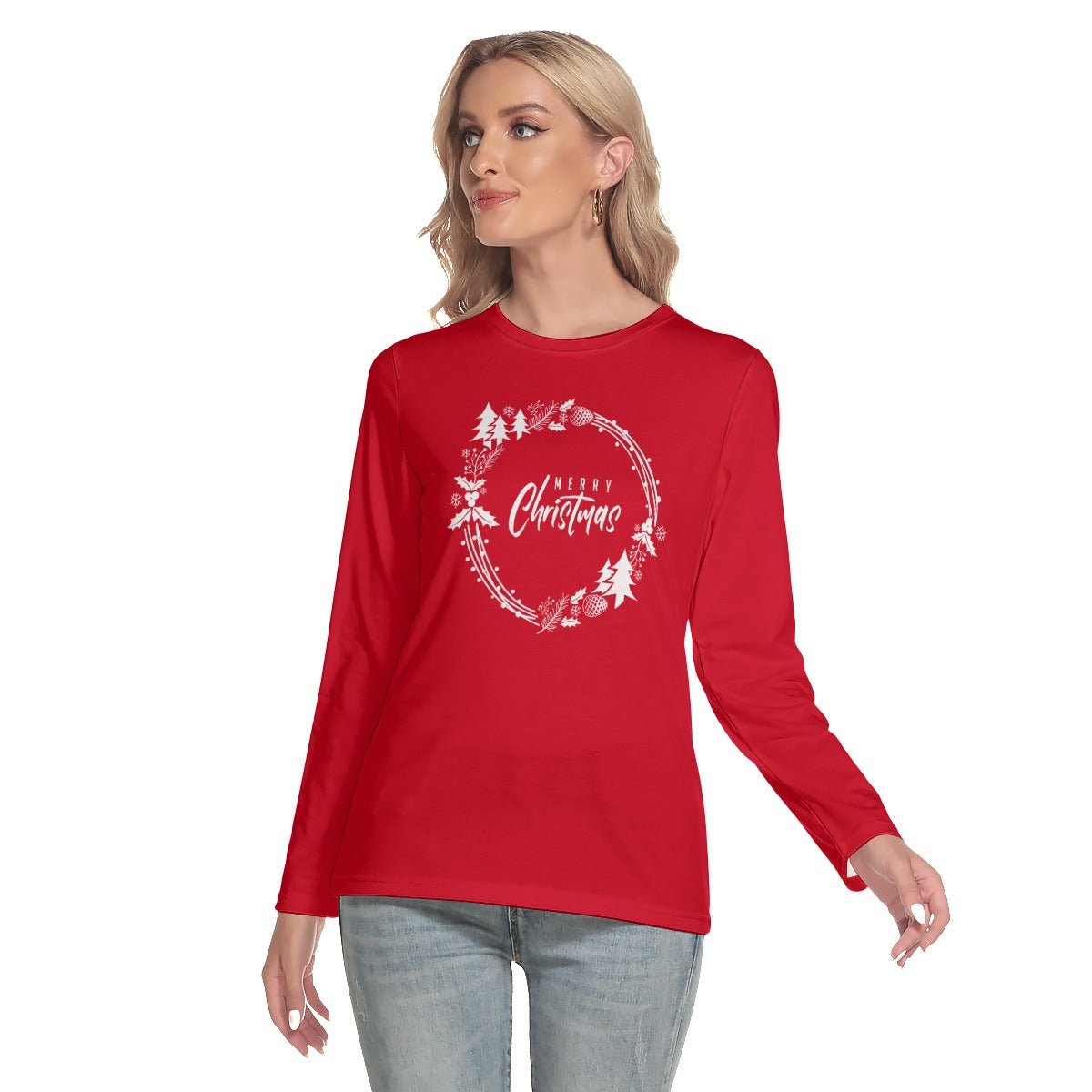 Women's Long Sleeve Christmas T-shirt - Simple Wreath - White - Festive Style