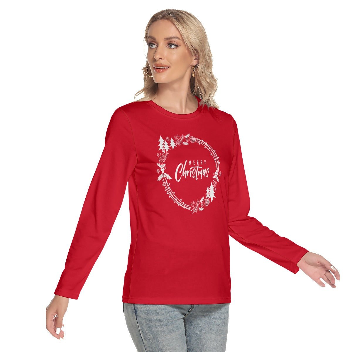 Women's Long Sleeve Christmas T-shirt - Simple Wreath - White - Festive Style