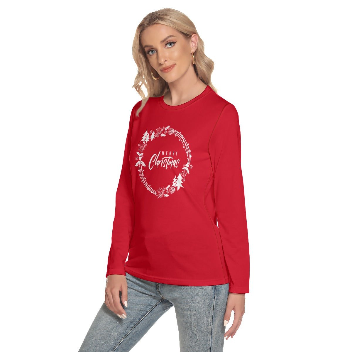 Women's Long Sleeve Christmas T-shirt - Simple Wreath - White - Festive Style