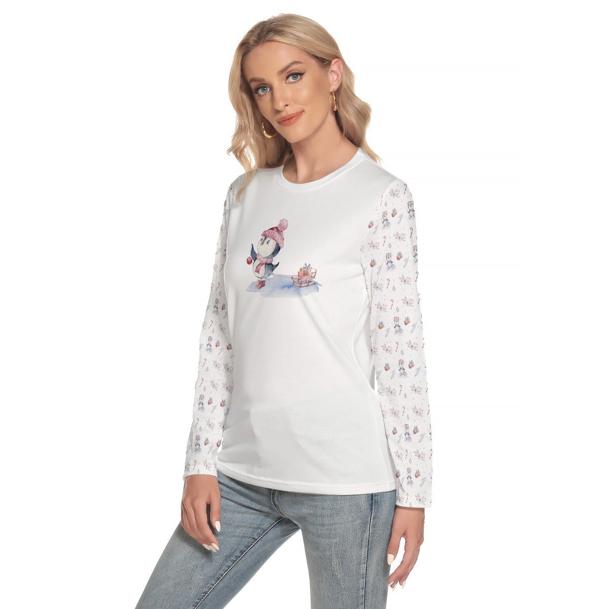 Women's Long Sleeve Christmas T-shirt - Skating Penguin - Festive Style