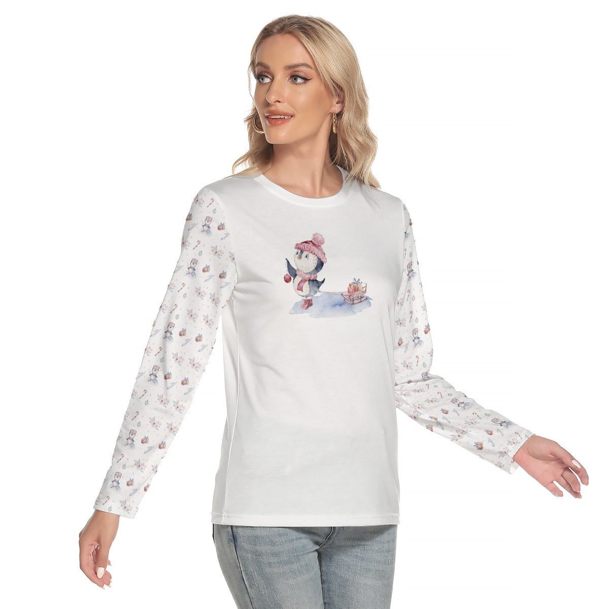 Women's Long Sleeve Christmas T-shirt - Skating Penguin - Festive Style