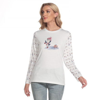 Women's Long Sleeve Christmas T-shirt - Skating Penguin - Festive Style