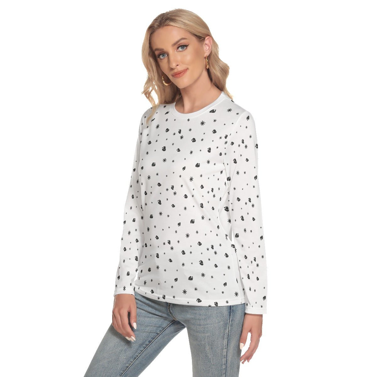 Women's Long Sleeve Christmas T-shirt - Snowflakes and Hats - Festive Style