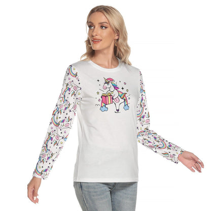 Women's Long Sleeve Christmas T-shirt - Unicorn with Present - Festive Style