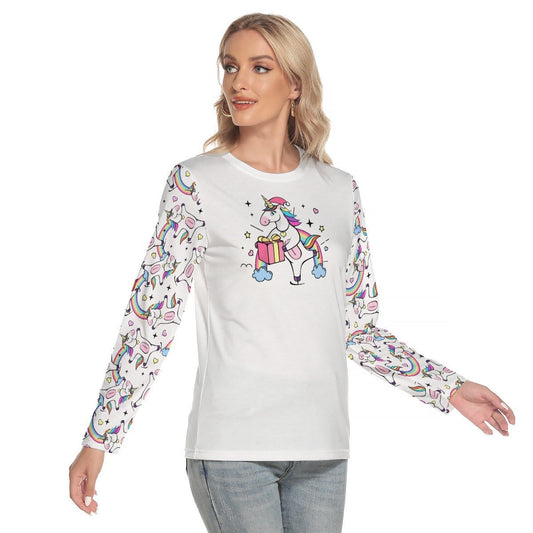 Women's Long Sleeve Christmas T-shirt - Unicorn with Present - Festive Style
