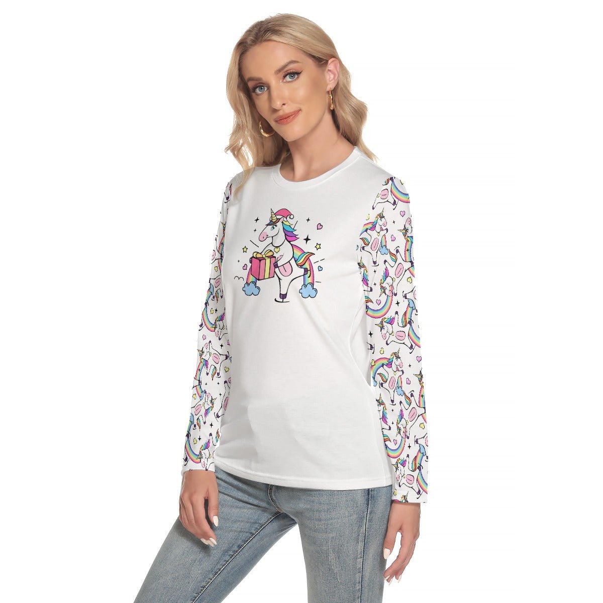 Women's Long Sleeve Christmas T-shirt - Unicorn with Present - Festive Style