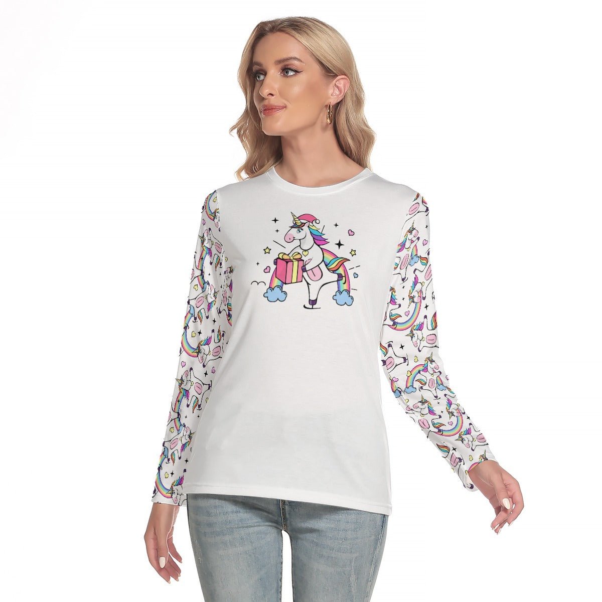 Women's Long Sleeve Christmas T-shirt - Unicorn with Present - Festive Style