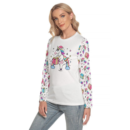 Women's Long Sleeve Christmas T-shirt - Unicorn with Present - Festive Style