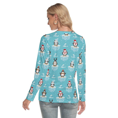 Women's Long Sleeve Christmas Tee - Icy Penguins - Festive Style