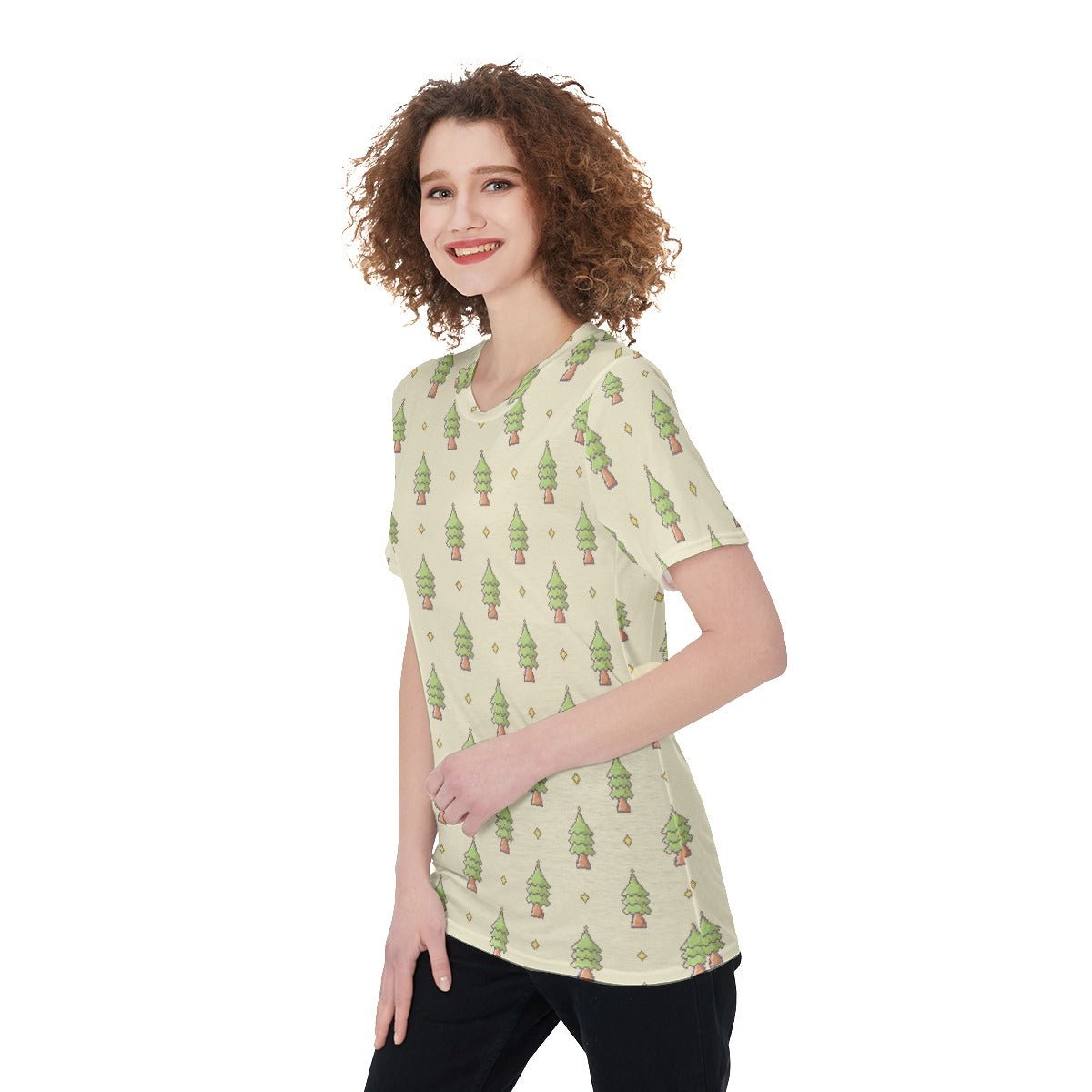 Women's Short Sleeve Christmas Tee - 16-Bit Christmas Trees - Festive Style
