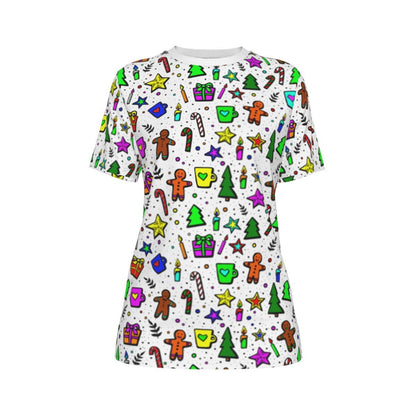Women's Short Sleeve Christmas Tee - Bright Doodle - Festive Style