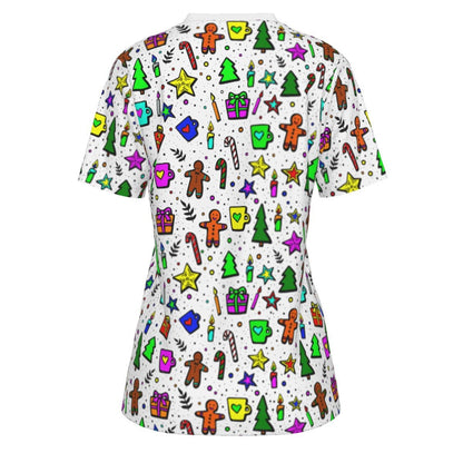 Women's Short Sleeve Christmas Tee - Bright Doodle - Festive Style