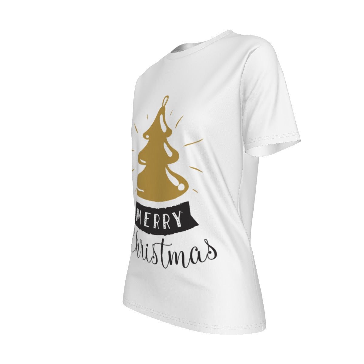 Women's Short Sleeve Christmas Tee - Merry Christmas - Gold Tree - Festive Style