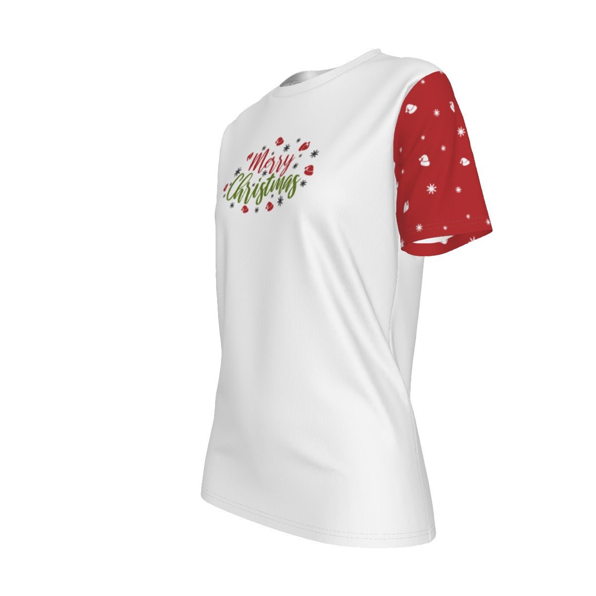 Women's Short Sleeve Christmas Tee - Merry Christmas - Red Sleeves - Festive Style