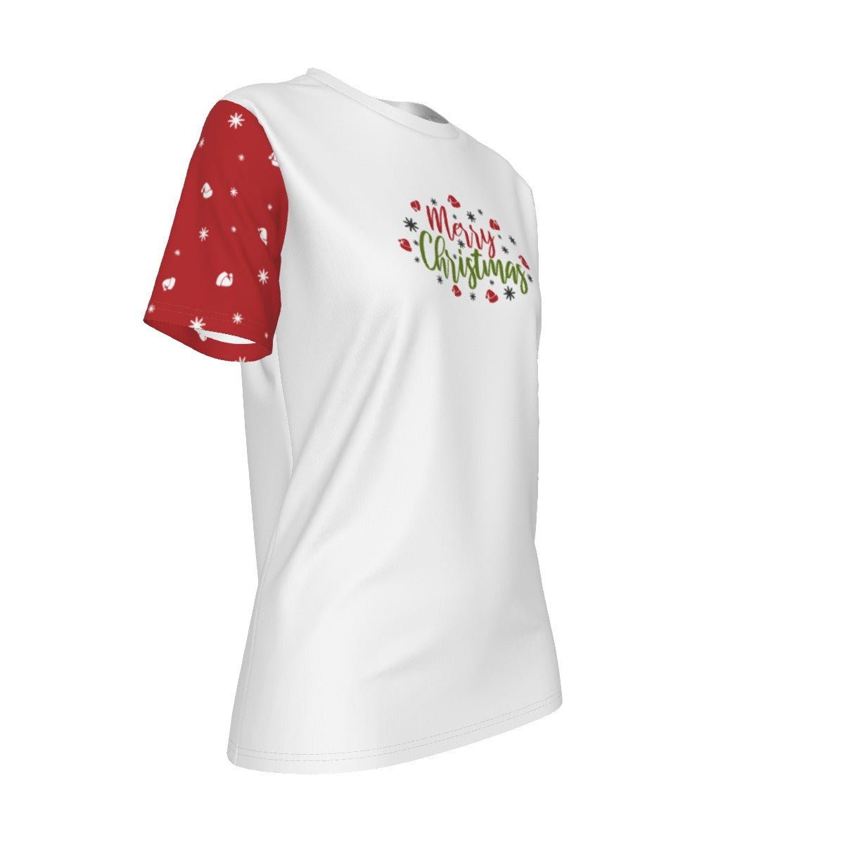 Women's Short Sleeve Christmas Tee - Merry Christmas - Red Sleeves - Festive Style