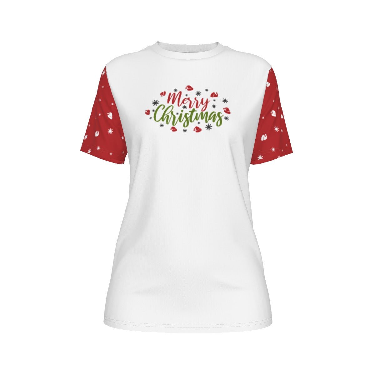 Women's Short Sleeve Christmas Tee - Merry Christmas - Red Sleeves - Festive Style