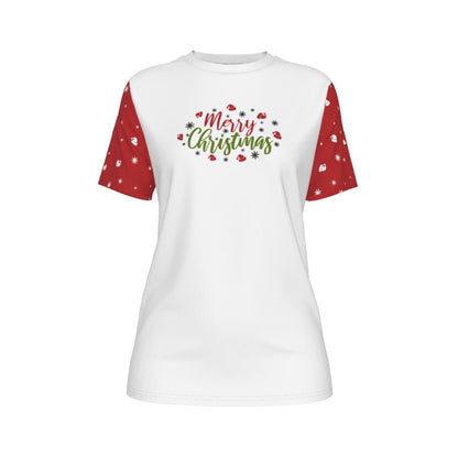 Women's Short Sleeve Christmas Tee - Merry Christmas - Red Sleeves - Festive Style
