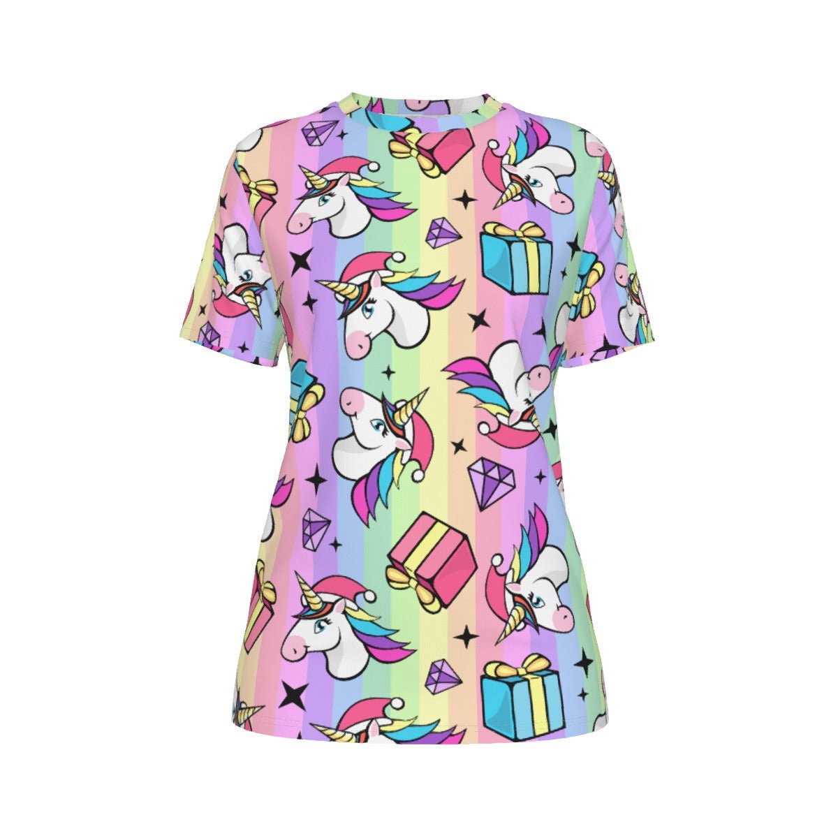 Women's Short Sleeve Christmas Tee - Rainbow Unicorns - Festive Style