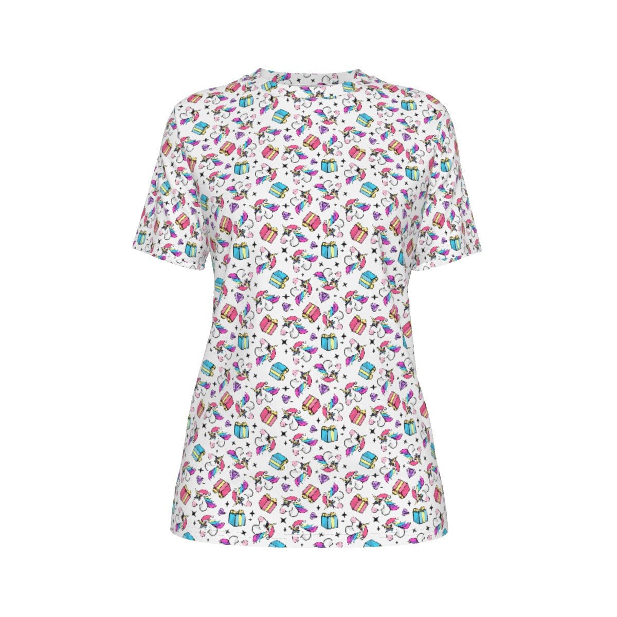 Women's Short Sleeve Christmas Tee - Unicorn Pattern - Festive Style