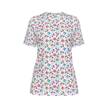 Women's Short Sleeve Christmas Tee - Unicorn Pattern - Festive Style