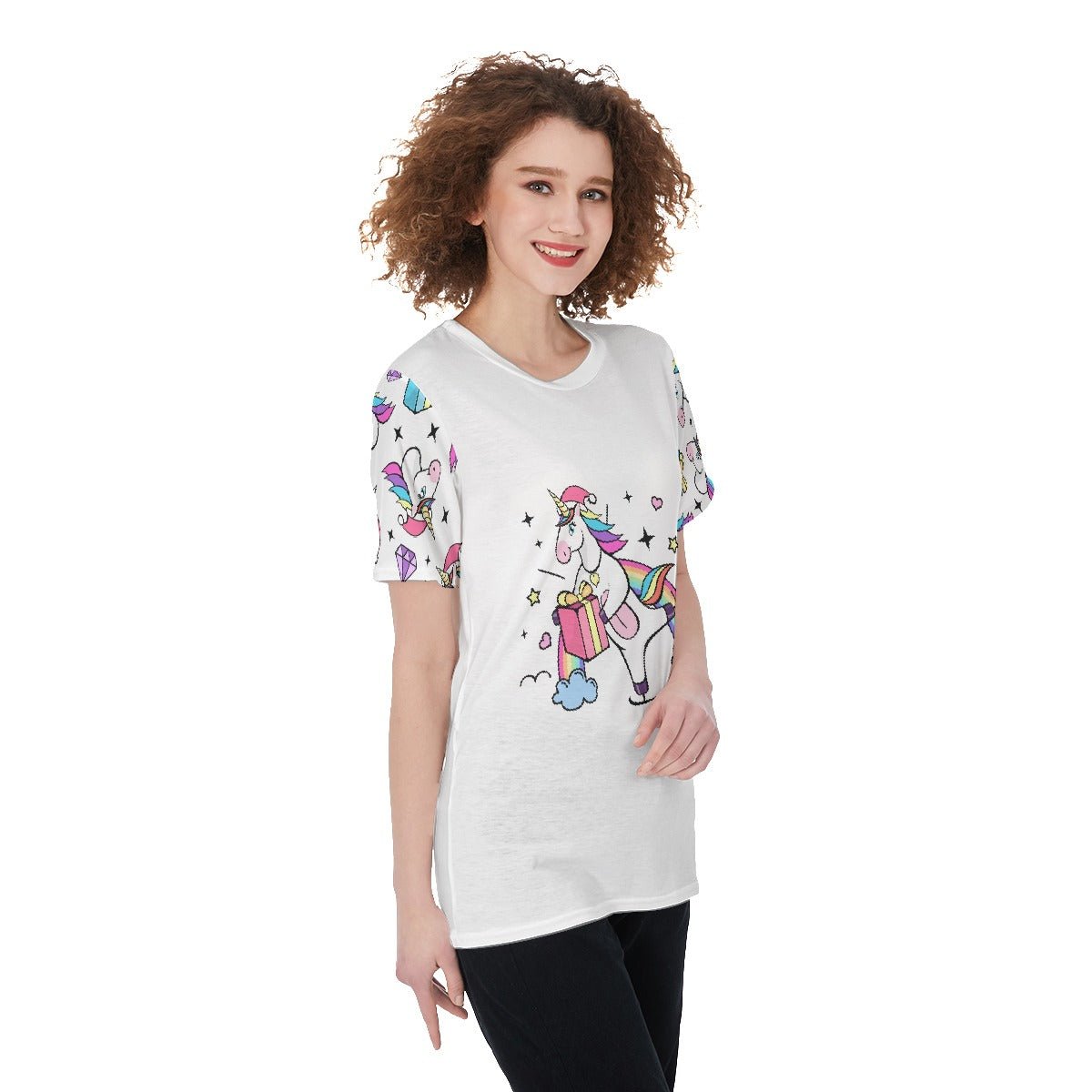 Women's Short Sleeve Christmas Tee - Unicorn with Present - Festive Style