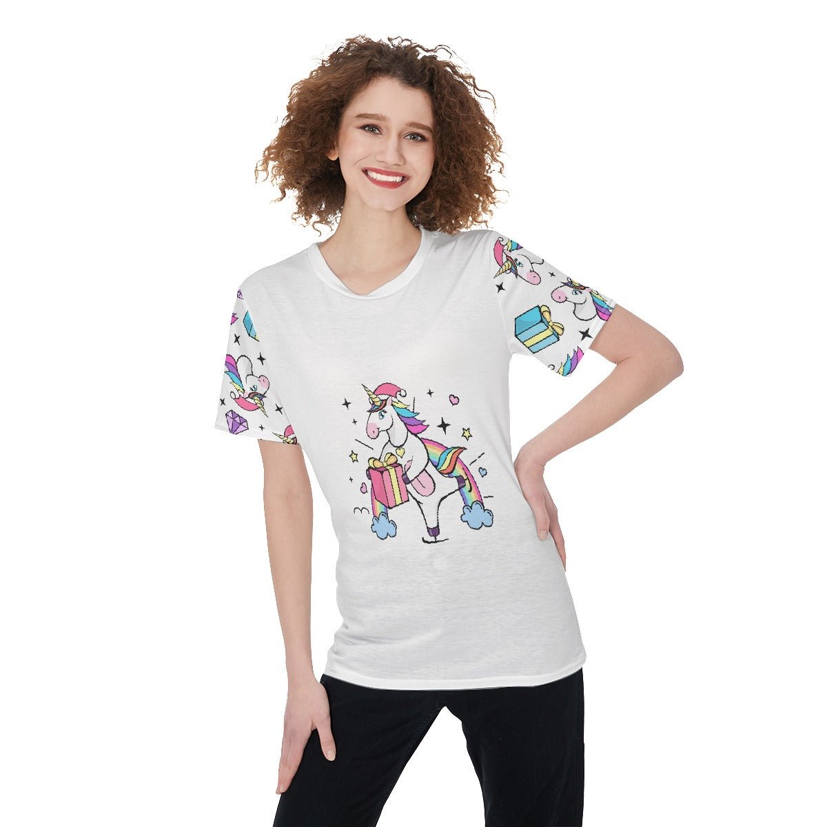 Women's Short Sleeve Christmas Tee - Unicorn with Present - Festive Style