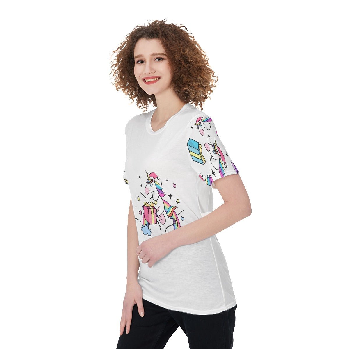 Women's Short Sleeve Christmas Tee - Unicorn with Present - Festive Style