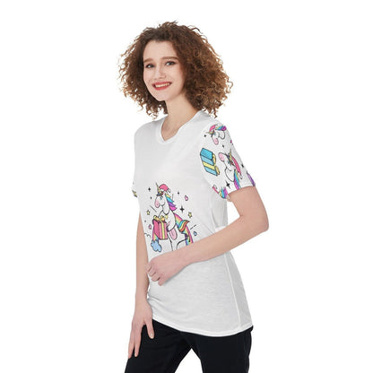 Women's Short Sleeve Christmas Tee - Unicorn with Present - Festive Style