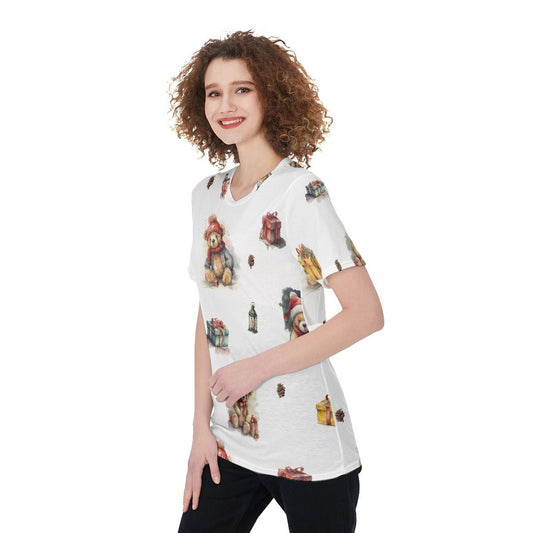 Women's Short Sleeve Christmas Tee - Watercolour Teddies - Festive Style