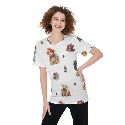 Women's Short Sleeve Christmas Tee - Watercolour Teddies - Festive Style
