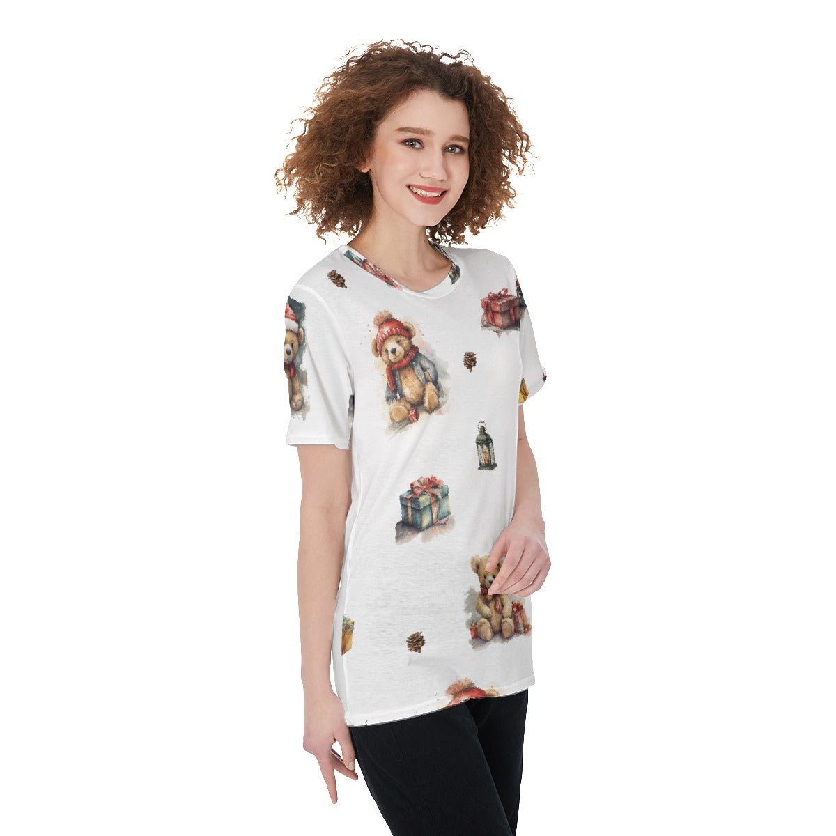 Women's Short Sleeve Christmas Tee - Watercolour Teddies - Festive Style