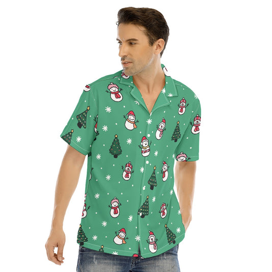 Men's Short Sleeve Christmas Shirt - Green Snowman